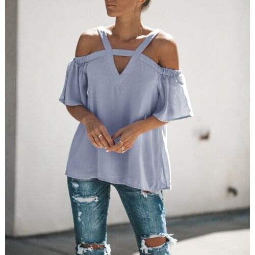 Summer Ladies Solid Color Sexy Hollow V-neck Off-shoulder Pullover Blouse Casual Loose Short Sleeves T-shirt For Women Hot Sale
