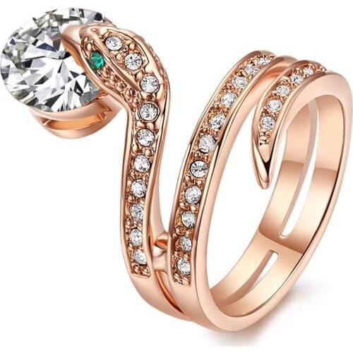 RETRO SNAKE-SHAPE STERLING 925 SILVER COLOR JEWELRY RING FOR WOMEN CHARMS ROSE GOLD ZIRCON DIAOND RING RED GEMSTONE WEDDING GIFT
