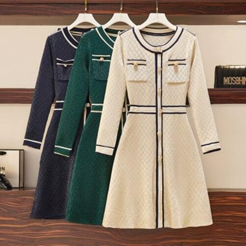 New Autumn Winter Plaid Knitted Dress Fashion Women O Neck Single-Breasted Long Sleeve Ladies High Quality Sweater Dress