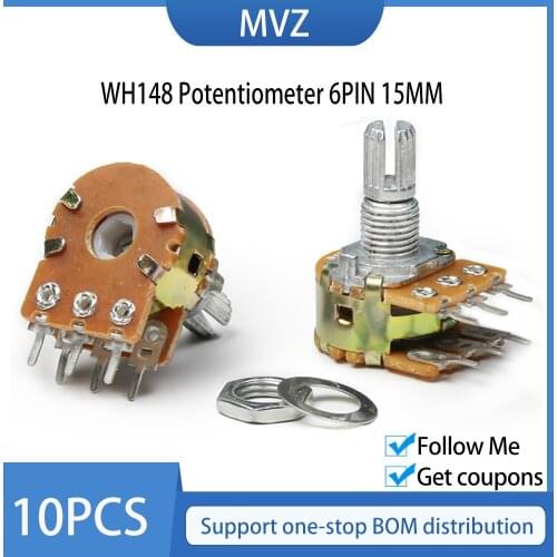 10pcs WH148 B1K B2K B5K B10K B20K B50K B100K B500K 6Pin Shaft Amplifier Dual Stereo Potentiometer 1K 2K 5K 10K 50K 100K 500K