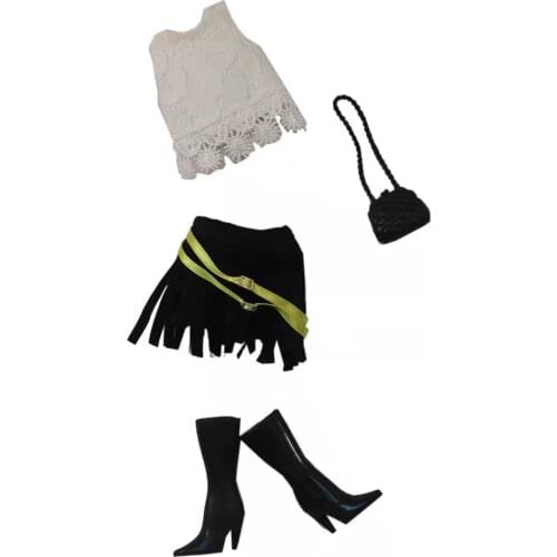 11.5" Fashion Tassels Princess Outfits for Barbie Doll Clothes White Floral Shirt Tank Top Skirt Bag Shoes 1/6 BJD Accessories