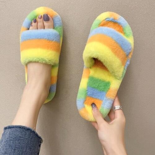 2021 Fluffy Home Slippers Women Faux Fur Slippers Cozy Furry Slides Open Toe Slip on Soft Slippers House Floor Plush Warm Shoes