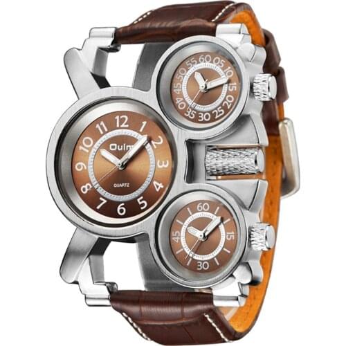 Mens Watches Top Brand OULM Fashion Leather Band 3 Time Zone Casual Quartz Watch for Big Wrist Relogio Masculino Marca Original