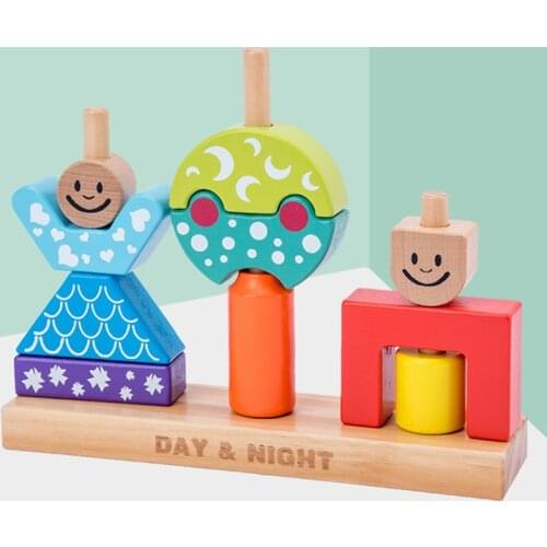 Colorful Sun Moon Wooden Building Blocks Stacking Up Wood Toy Baby Shape Color Learning Toys For Children