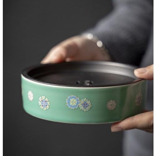 Jingdezhen turquoise green glaze leather ball flower tin cover tea tray dry tea ceremony accessories