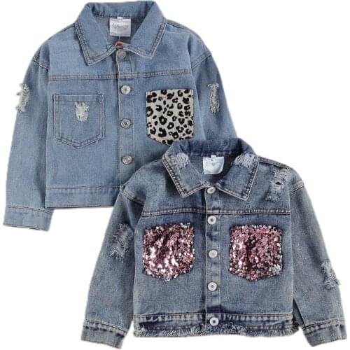 Girls Denim Coat, Long Sleeve Lapel Button Open Front Jacket with Pockets Single Breasted Outerwear, Leopard/ Glitter, 1-6 Years