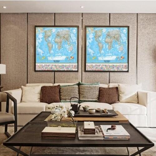 1pc Waterproof World Map with National Flags 59x42cm Non-woven Small Poster Personalized World Map Hanging Painting Decoration