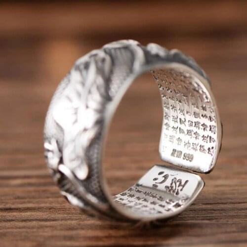 Solid S925 Silver Ring Mens Carved Lotus Silver Ring Open size