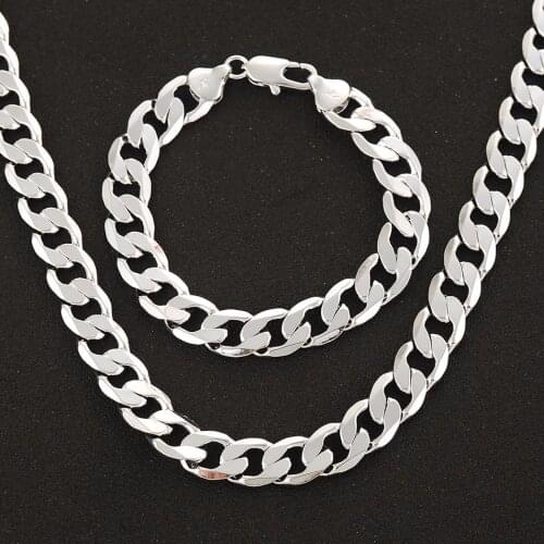 Hip Hop Jewelry Set White Gold Filled Necklace+Bracelet Set Solid Curb Chain Mens Birthday Gift