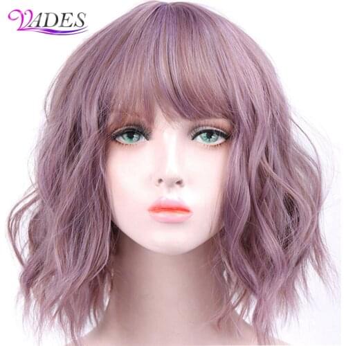 Short Water Wave Wigs Synthetic Bob Wig Hair with Neat Bang Bulk Hair for White Women Pink Brown Blue Purple for Choose BY045