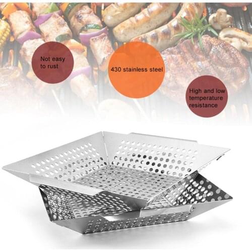 Metal BBQ Grill Basket Vegetable Meat Holder Bowl Anti-rust Holes Barbecue Tool