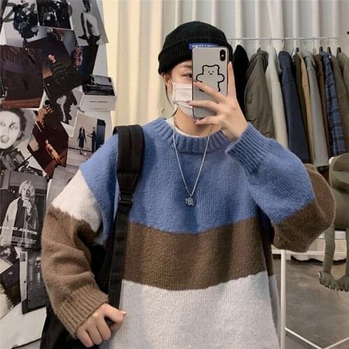 Fashion Casual Couple Unisex Mens Pullovers Sweaters O-Neck Oversize Knittwear 2021 Autumn Patchwork Color Sweaters Male Tops