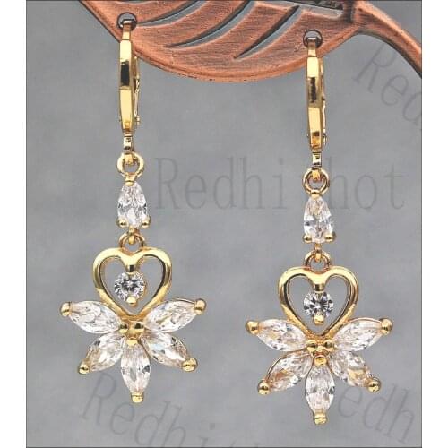 Trendy Luxury Newe Drop Earrings for Women Gold Color With Heart Flower Leaf white Zircon Party Gems Fashion Jewerly Accessories