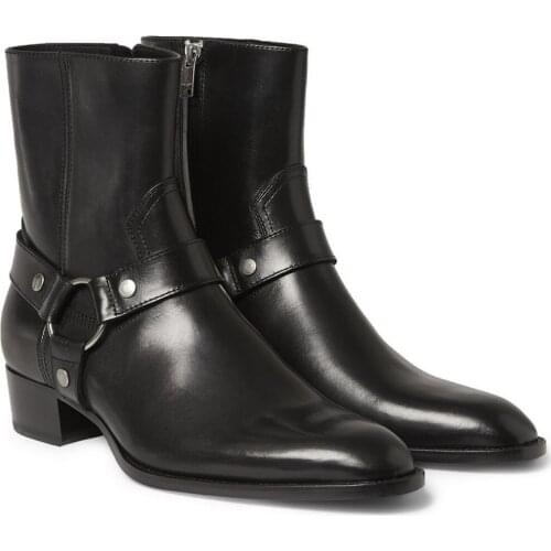 Mens Real Leather Chelsea Pointed Toe Ankle Riding Boots Chelsea Shoes Chunky Heel Western Plus Size 38-46 New Arrival