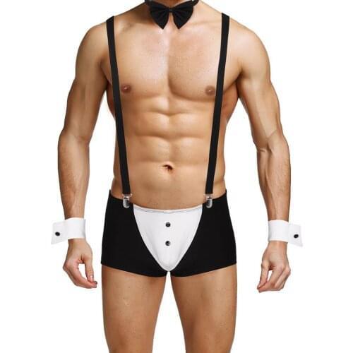 Mens Lingerie Suit Groom Waiter Tuxedo Set Boxer Brief Underpants with Suspender Shoulder Straps Bow Tie Collar and Bracelets