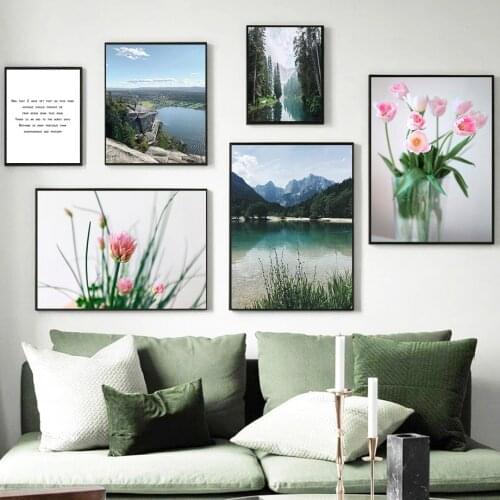 Nordic Mountain Lake Scenery Poster Wall Art Decor Canvas Print Flower Green Plant Fresh Picture Home Decor Modern Art Painting