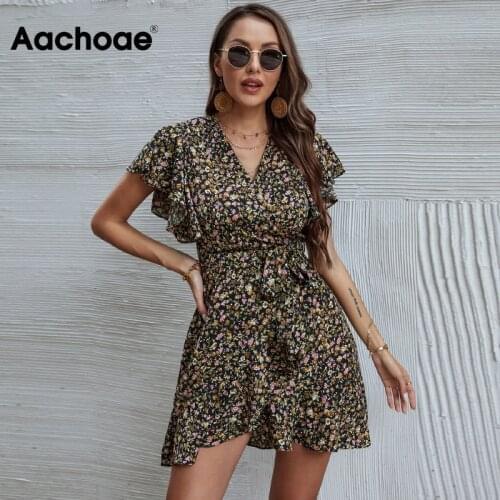 Aachoae Women A Line Vintage Mini Dresses With Belt Summer Ruffles Short Sleeve Bohemian Dress Female V Neck Beach Sundress