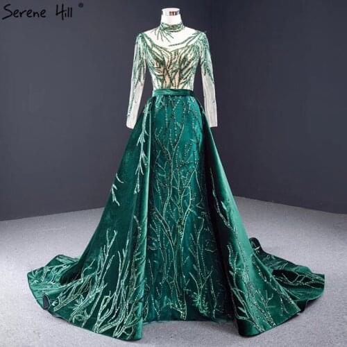 Serene Hill Dubai Green Long Sleeve Sexy Evening Dress 2020 Sequins Detachable Train Mermaid Formal Party Gown CHM67084