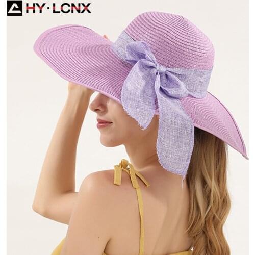 Summer Korean Fashion Solid Color Bow Decoration Big Brim Hat Women Outdoor Fashion Beach Travel Sun Straw Hat