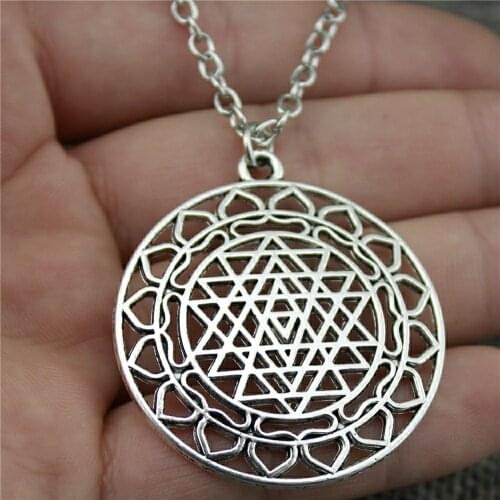 1 Piece Silver Plated Tone 44x40mm Sri Yantra Pattern Pendant Necklace For Women 2019 Vintage Jewelry Gift Dropshipping