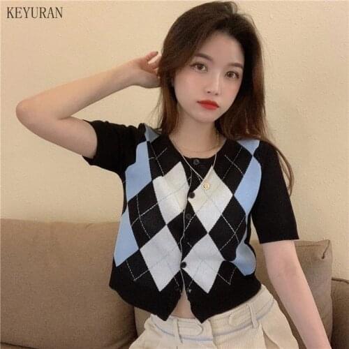 Sweaters&Jumpers Retro Casual Purple O Neck Short Sleeve Crop Tops Argyle Knitted Cardigan Jacket Thin Pull Femme Fashion