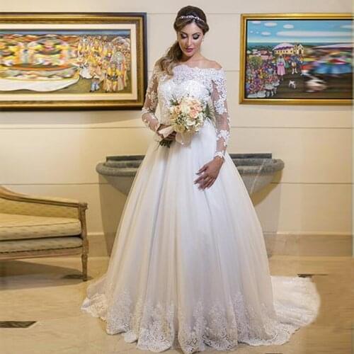 Gorgeous Boat Neck Lace Appliqued Beadings A-line Wedding Dresses Long Sleeve vestido de noiva Sweep Train Wedding Gowns