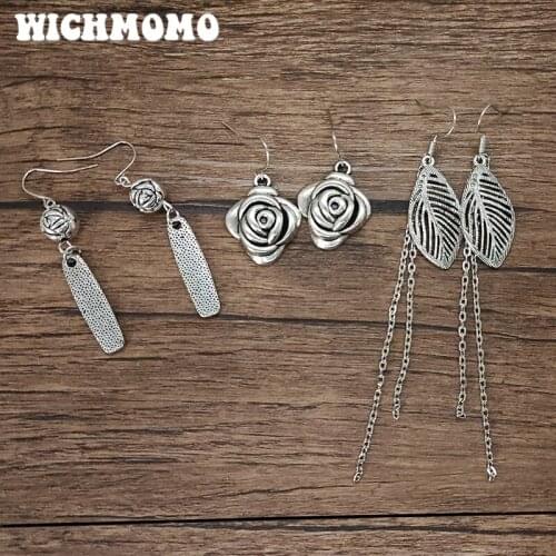 WICHMOMO Retro Bohemia Zinc Alloy Cute Flower Leaves Earrings Womens Accessories Gifts EST008