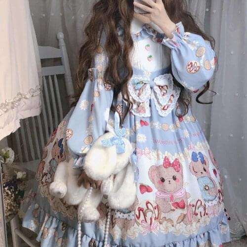 Japanese Kawaii Lolita Dress Soft Sisiter Bow Bear Printing Blue Dress Women Princess Dress Tea Party Costume for Girls