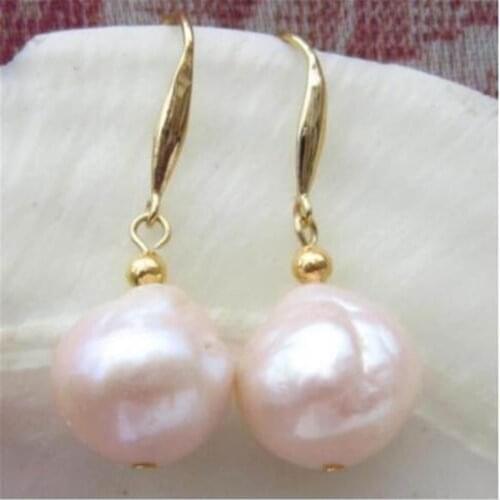 12mm Natural South Sea Baroque Rose Gold Pearl Earrings 14k Jewelry Gift Dangle Women Real Flawless