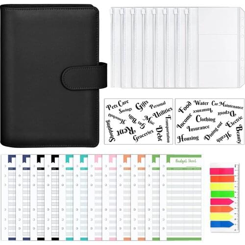 A6 PU Leather Notebook Binder Budget Planner Binder Cover, 8 Pcs Binder Pockets Cash Budget Envelopes System, 1 Pcs Card Bag