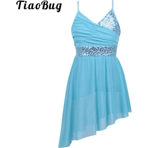 TiaoBug Kids Teens V-Neck Sequin Ballet Tutu Dress Girls Lyrical Contemporary Latin Dance Costumes Ballerina Party Dance Leotard