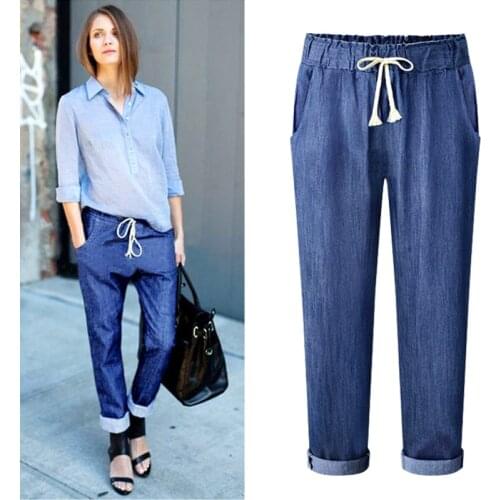 Summer Lace up Elastic Waist Plus Size Harem Pants Women Ankle length Jeans Casual Loose Big Size Capri Pants 5xl 6xl