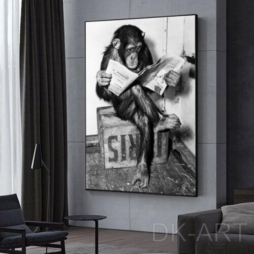 Black and White Funny Monkey Reading Newspaper Painting on Canvas Wall Art Posters and Prints Animals Pictures for Home Decor