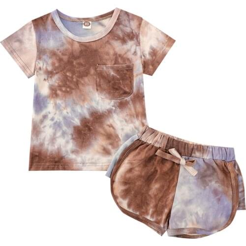 Childrens Casual Suit Tie-dye Print Round Neck Short Sleeve T-shirt Elastic Waist Bow Loose Shorts Baby Clothes Clothing Sets
