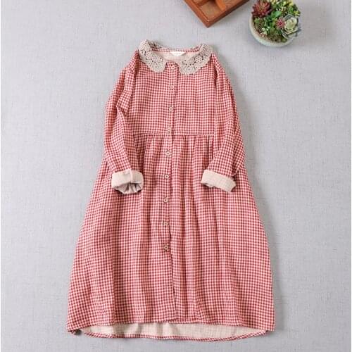 FairyNatural Women Double-Layer Cotton Lace Dresses Long Sleeve Ladiess Literary Japanese Quality Dress Pockets Buttons