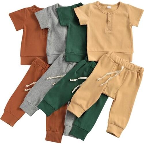 Baby Outfits Two Piece Solid Sets Infant Toddler Newborn Girls Boys Summer Baby Girl Boy Short Sleeve Top Pants 0-18M