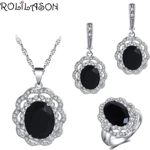 ROLILASON For girl Friend Exquisite Set Black Zircon Round Flower Design Silver Earrings Necklace Ring jewelry Set JS777