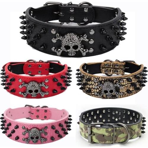 2" Wide Spiked Studded Leather Dog Collar Bullet Rivets With Cool Skull Pet Accessories For Meduim Large Dogs Pitbull Boxer S-XL