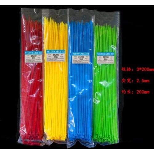 Hot selling 100PCS/bag 3*200mm width 2.5mm Colorful Factory Standard Self-locking Plastic Nylon 8'' Cable Ties,Wire Zip Tie