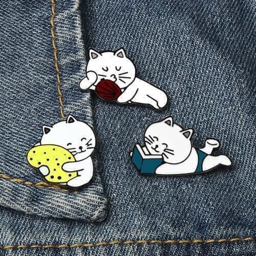 Cartoon Cute Cats Enamel Pins Reading Sleeping Lazy Cat Brooches Animal Badges Bag Clothes Lapel Pin Gifts For Kids Girl Jewelry