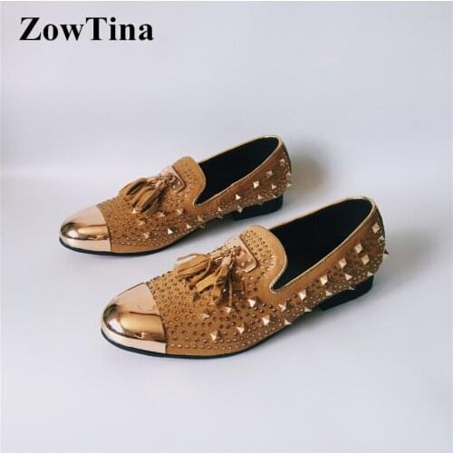 Men Casual Flats Shoes Leather Rivets Driving Shoes Man Studded Zapatos Hombre Tassel Chaussure Homme Iron Metal Loafers Shoes