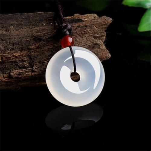 Natural white agate jade safety buckle pendant chinese necklace carved charm jewellery fashion amulet for men women lucky gifts