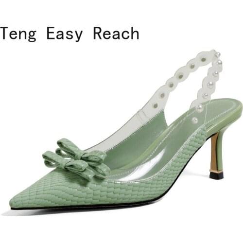 2021 New Women Stiletto High Heels Sandals Real Leather Summer Shoes Woman Asakuchi Slingback Pearl Pointed Toe Party Shoes