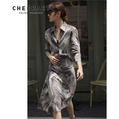 CHEERART Autumn Ink Painting High Waist Skirt Women A Line Vintage Knee Length Desinger Ladies Skirt Print 2020 Fashion Clothing