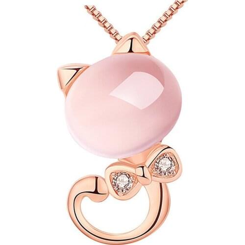 MOONROCY Rose Gold / Silver Color CZ Pink Opal Crystal Necklace Pendant Chokers Cute Cat Ross Quartz for Women Girls Gift Drop