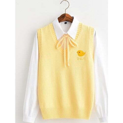 All-match yellow girl style Yellow chick embroidery Bottoming sweater vest yellow rope
