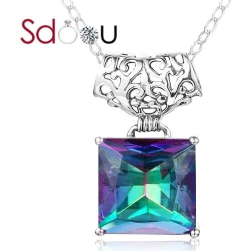 SDOOU Women Pendant Necklace Silver 925 Jewelry Square Big Gemstone Gothic Style Vintage Pendant Handmade Fine Jewelry Hot Sale