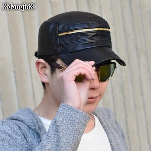 SILOQIN Adjustable Size Genuine Leather Hats Novel Mens Flat Cap Army Military Hat Men 2020 New Brands Sheepskin Leather Caps