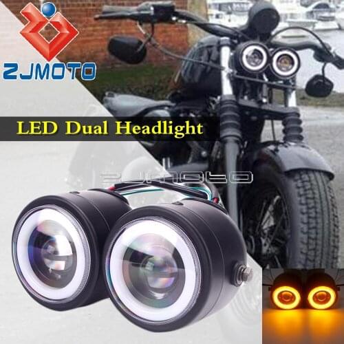 LED Amber Angel Eye Dual Two Dominator Headlight High/Low Beam Light For Harley Bobber Chopper Dyna Sofatil Cafe Racer Sportster