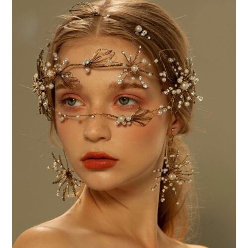 Vintage Tiara Gold Leaf Crown Handmade Pearl Headband Rhinestone Hairband Flower Wedding Bridal Hair Jewelry